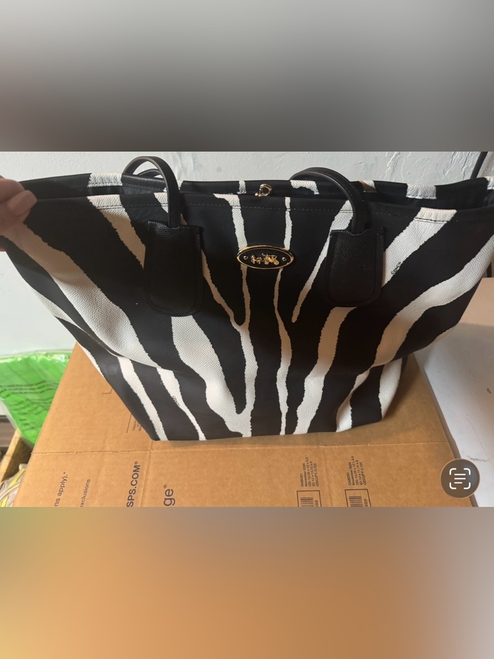 Coach Black & White Zebra-Print Tote with Gold Accent
